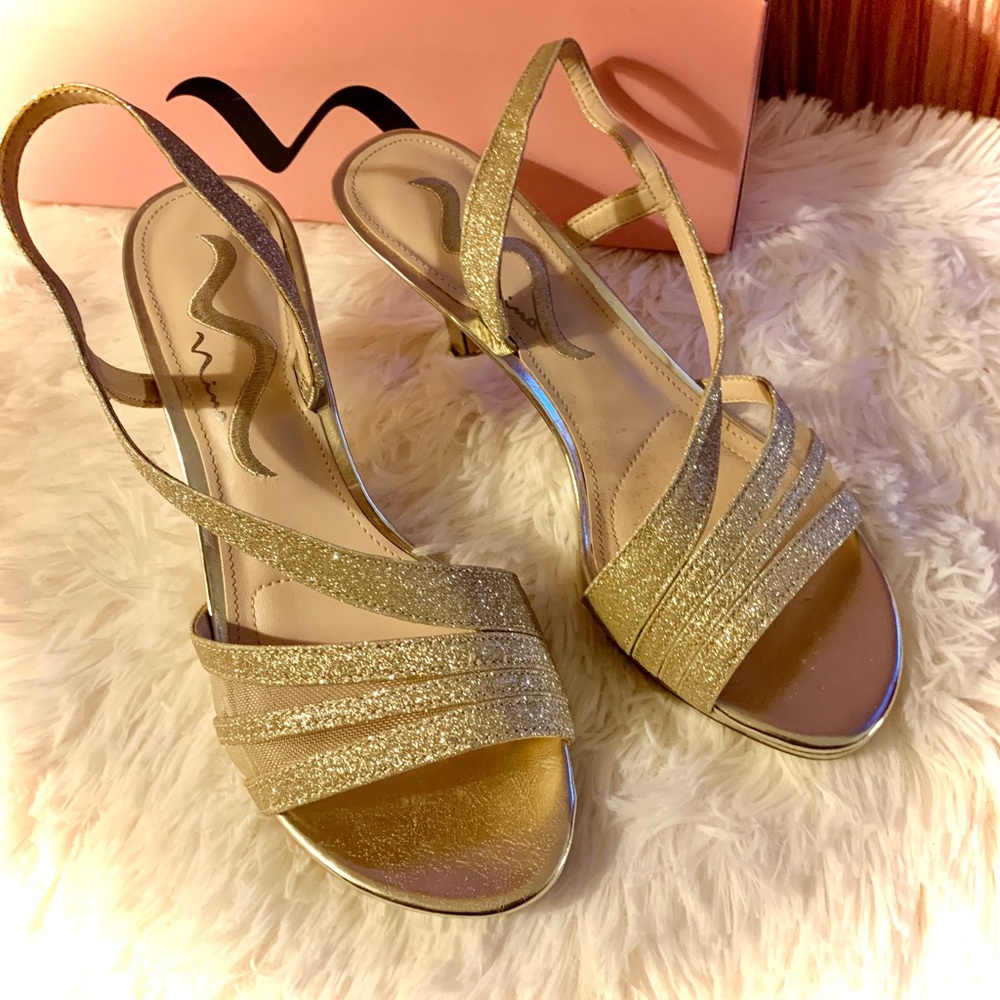 NINA Womens Nazima Open Toe Slingback Kitten Heel Gold Formal Shoes